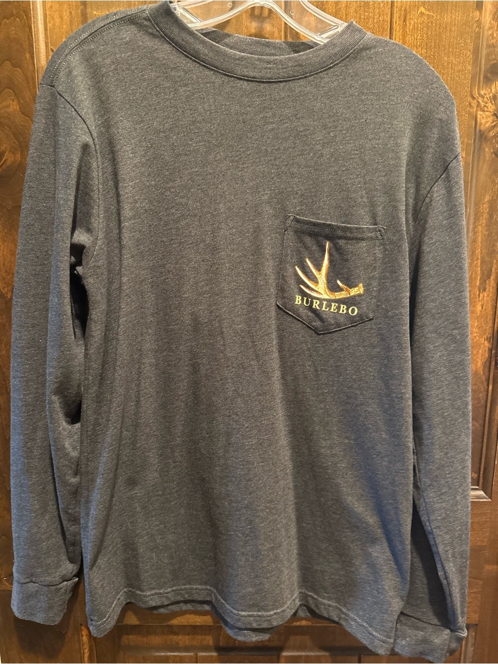 BURLEBO Men's Long-Sleeve Pocket Tee in Charcoal Gray with Gold Logo